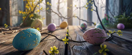 Close-up of colorful Easter eggs with floral designs placed on a rustic wooden table with blooming branches in the background.の写真素材