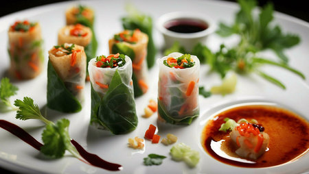 Close up of a plate of spring rolls with dipping sauce.