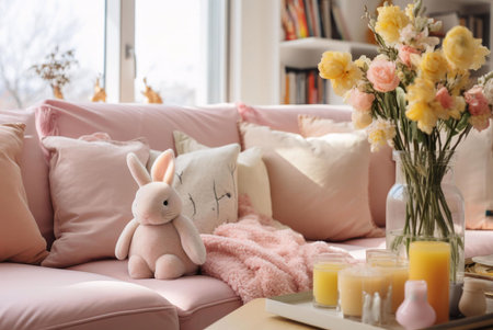 A cozy living room with a plush bunny sitting on a pink couch, surrounded by pillows, blankets, and flowers. The room has a warm and inviting atmosphere, perfect for relaxation.の写真素材