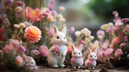 Four white bunnies with pink floral decorations are nestled amongst a vibrant pink and white flower garden, creating a cheerful and whimsical scene.の写真素材