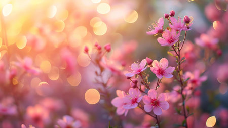 A close-up image of pink blossoms on a tree branch, with a soft sunset glow in the background.の写真素材