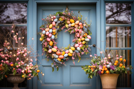 A colorful Easter wreath adorned with pastel-colored eggs hangs on a blue door. Flowers add a touch of whimsy and vibrancy to this festive springtime decoration.の写真素材