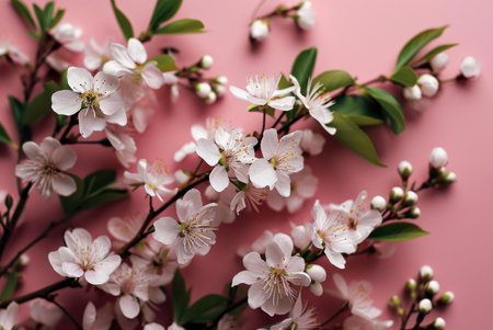 A close-up of delicate cherry blossoms blooming on a pink background, capturing the beauty and fragility of nature's springtime.の写真素材