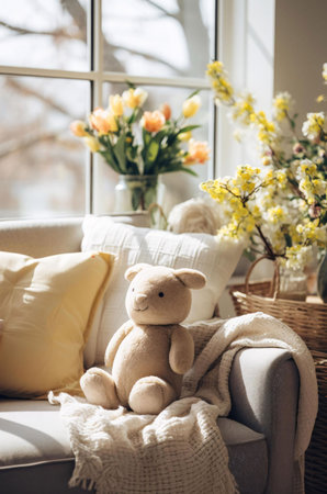 A plush teddy bear sits on a cozy sofa by a window, bathed in warm sunlight. The interior is decorated with pillows and a blanket, creating a serene and inviting atmosphere.の写真素材