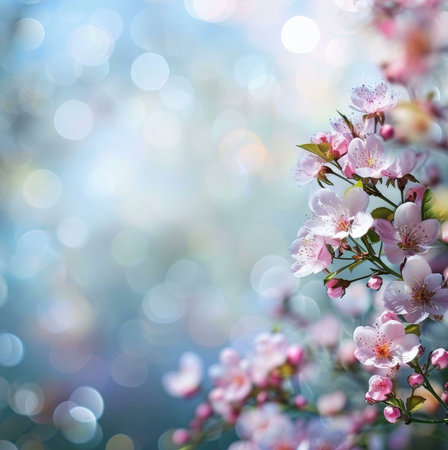 A closeup of delicate pink blossoms against a soft, blurred background. The flowers are in full bloom, showing their delicate petals and vibrant colors.の写真素材
