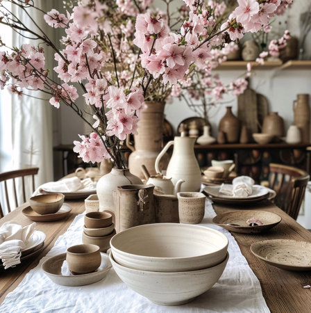 A rustic table setting with pink cherry blossoms, ceramic bowls, and other pottery pieces.