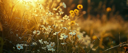 Sunlight filtering through a field of wildflowers creating a warm and serene scene.