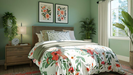 A bright and airy bedroom with tropical decor. The room features a bed with floral bedding, a...