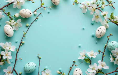 A pastel blue background adorned with white blossoms and speckled Easter eggs, creating a festive...