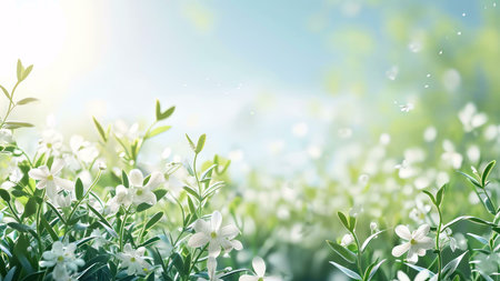 A close-up of a field of white flowers blooming in the sun.
