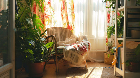 A cozy room with a comfortable chair near a window, bathed in sunlight. The room is decorated with plants and floral curtains, creating a peaceful and relaxing atmosphere.の写真素材
