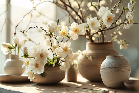 A beautiful arrangement of white flowers in various ceramic vases, creating a minimalist and elegant still life. The flowers are in full bloom, their delicate petals soft and light, capturing the essence of spring. The rustic background enhances the natural beauty of the composition.の写真素材