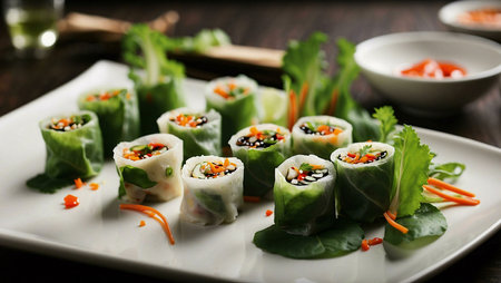 A plate of freshly made Vietnamese spring rolls, wrapped in rice paper with a variety of fresh...