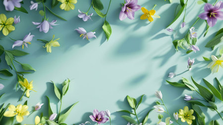 A colorful floral border composed of purple, yellow and white flowers arranged on a pastel blue...