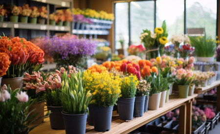 A vibrant display of colorful flowers in a flower shop, showcasing a variety of arrangements in pots...