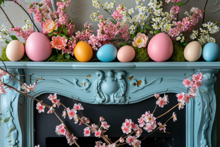 Pastel Easter eggs decorate a blue fireplace mantel with a spring floral arrangement.の写真素材