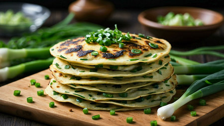 A stack of golden brown green onion pancakes on a rustic wooden board. The pancakes are layered with...