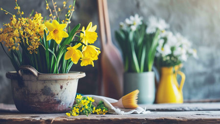 A rustic pot filled with bright yellow daffodils, a symbol of spring and new beginnings.の写真素材