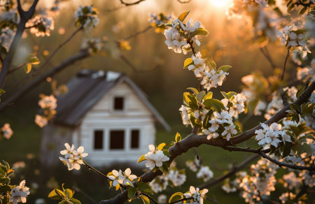 A close-up shot of a white cottage with a blooming tree in the foreground, showing the beauty of spring and nature.の写真素材
