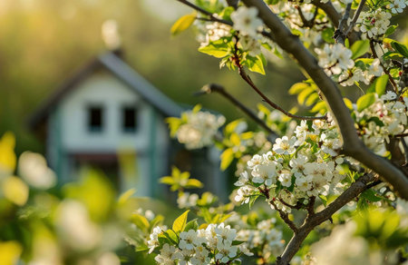A close-up of a flowering tree branch with white blossoms. A farmhouse in the background is blurred,...