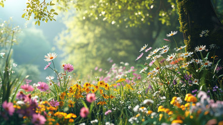 A vibrant meadow filled with a variety of wildflowers, illuminated by warm sunlight. The lush green...