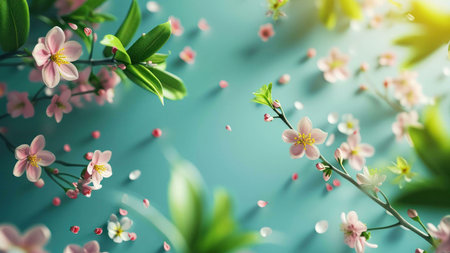 A close-up view of delicate pink cherry blossoms on a soft blue background. The sunlight illuminates the flowers, highlighting their beauty and fragility.の写真素材