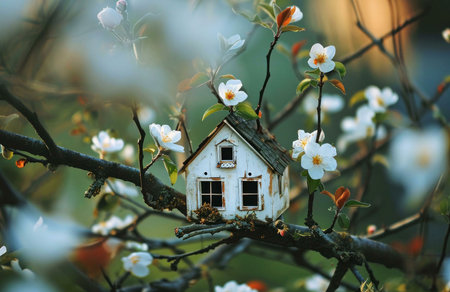 A tiny white house nestled among the blossoms of a tree, creating a whimsical and enchanting scene.の写真素材
