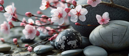 A close-up of cherry blossoms resting on smooth gray stones, creating a sense of peace and serenity.の写真素材