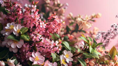 A close-up shot of a vibrant bouquet of pink and white flowers, showcasing delicate petals and lush greenery. The flowers appear to be in full bloom, capturing the essence of spring or summer.の写真素材