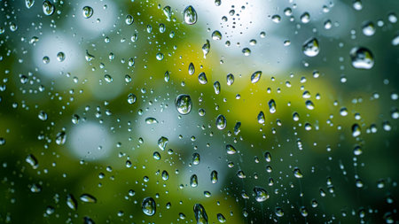 Close up shot of raindrops on a window pane with a blurred background of green foliageの写真素材