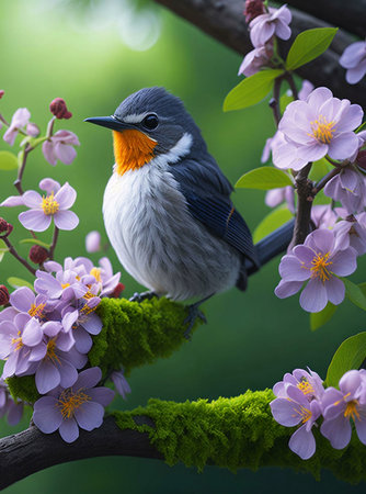 A small bird with orange and blue accents perches on a branch covered in purple blossoms, showing...