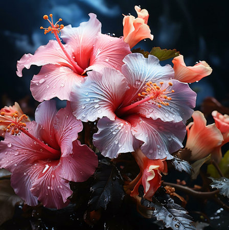 A close-up shot of pink hibiscus flowers in full bloom, capturing their delicate petals and vibrant colors.の写真素材
