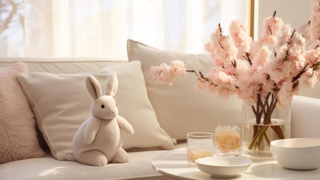 A plush white bunny sits on a white couch with pink floral decorations in the background, creating a cozy and inviting living room atmosphere.の写真素材