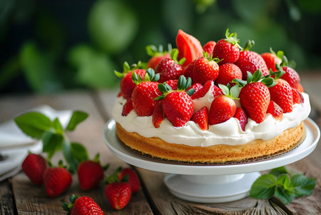 A close-up shot of a delicious strawberry cake, decorated with fresh, juicy strawberries and a layer of whipped cream, on a wooden table.の写真素材