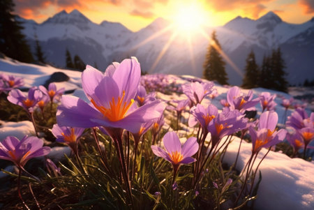 A stunning image of purple crocuses blooming in a snowy mountain meadow at sunset, with the sun rays...