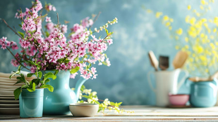 A table setting with pink flowers in a blue vase, blue and white dishes, and a light blue background. The image captures the essence of spring and the beauty of nature.の写真素材