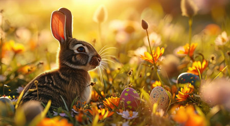 A cute bunny sits in a field of colorful flowers, surrounded by Easter eggs. The warm sunlight...