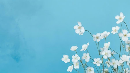 A cluster of delicate white flowers arranged against a bright blue background. The image captures the simple beauty and natural elegance of these delicate blossoms.の写真素材