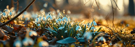 Delicate white snowdrops bloom in a golden forest bathed in the warm light of the morning sun.