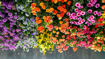 A wall covered in vibrant flowers of different colors. The image captures the beauty of nature's...