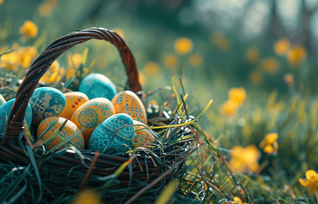 A wicker basket filled with colorful Easter eggs, resting in a grassy field. The eggs are painted...