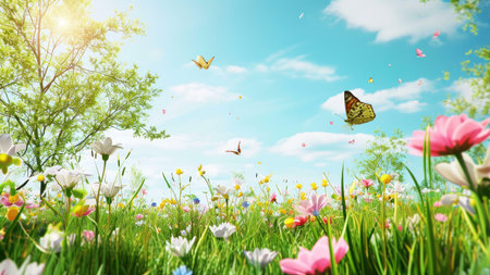 A vibrant meadow with colorful flowers and butterflies flying in a sunny blue sky.の写真素材