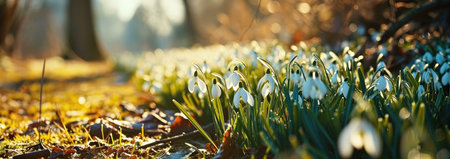A close-up view of snowdrop flowers blooming in a forest setting bathed in the warm, golden sunlight...