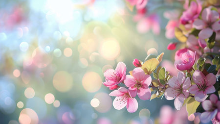 A close-up shot of delicate pink flowers in full bloom, showing their soft petals and vibrant colors against a backdrop of bokeh-like light.の写真素材