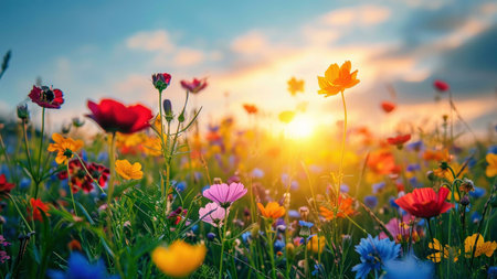 A picturesque view of a field of colorful wildflowers bathed in the golden light of a sunset.の写真素材