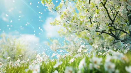 Close-up of a lush green field with blooming white cherry blossoms under a bright blue sky. Sunlight and falling petals create a sense of spring magic.の写真素材
