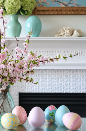Closeup of a table decorated for Easter with painted eggs and a vase of pink cherry blossoms, a fireplace in the background.の写真素材