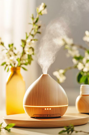 Close-up of a wooden essential oil diffuser, emitting fragrant vapor. It's a natural and calming way to enhance your home's ambiance.の写真素材