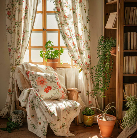 A cozy living room with floral curtains, a comfy chair, and potted plants.の写真素材