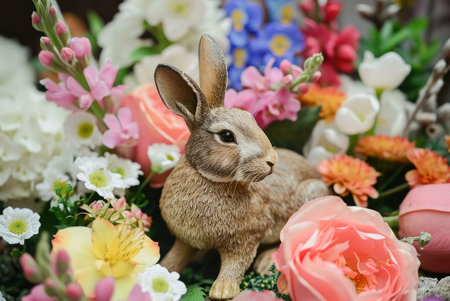 A close-up shot of a cute rabbit figurine surrounded by a beautiful array of colorful flowers. The rabbit is made of soft material and has a fluffy tail, making it appear very adorable.の写真素材